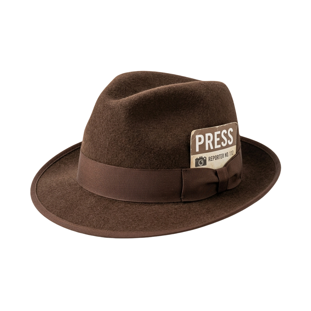 Brown fedora hat with a press badge featuring the word press and a camera icon