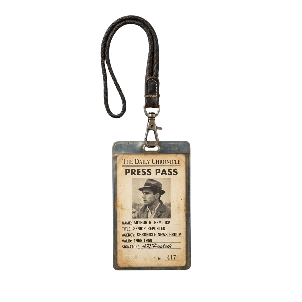 Vintage press pass lanyard with a sepia-toned photo of a reporter and text identifying the holder as a senior reporter