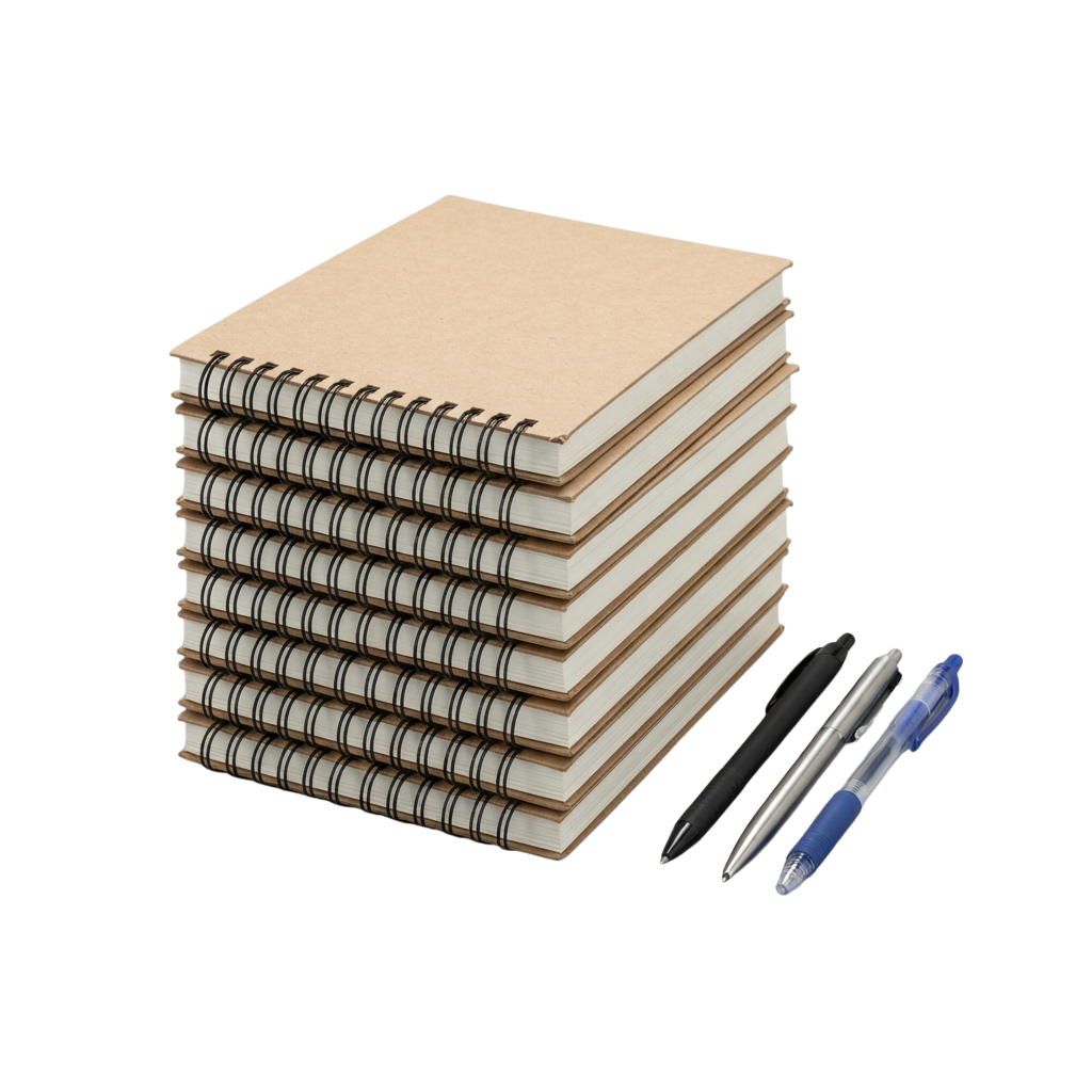 A stack of blank spiral-bound notebooks with black stripes and two pens beside them on a black background