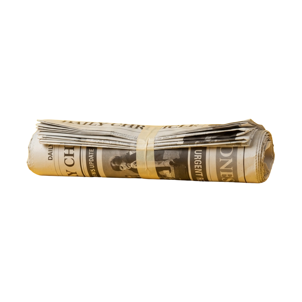A rolled newspaper secured with two yellow rubber bands against a dark background