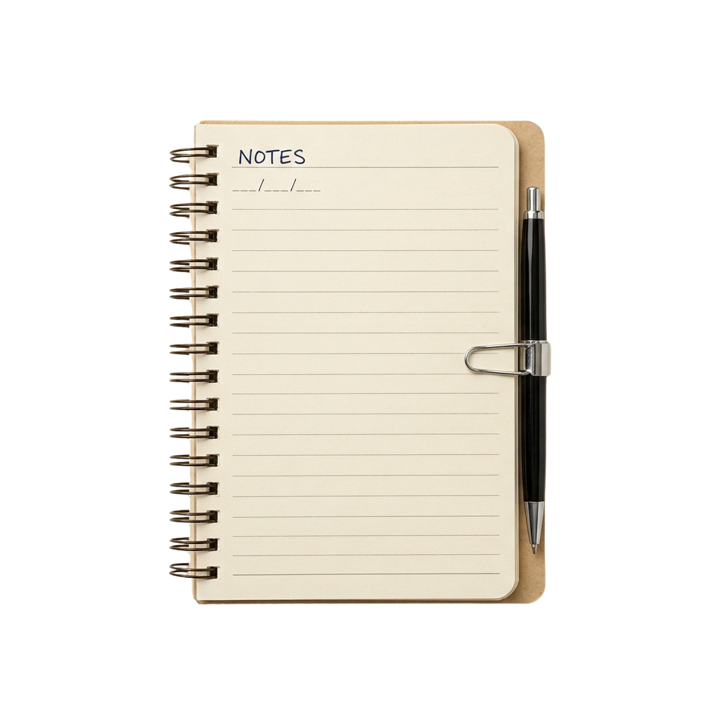 A blank lined notebook with a metal spiral binding and a black pen clipped to the right side