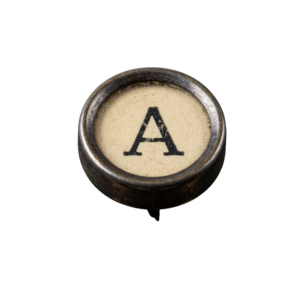 Close-up of a round, worn metal typewriter key showing the letter A