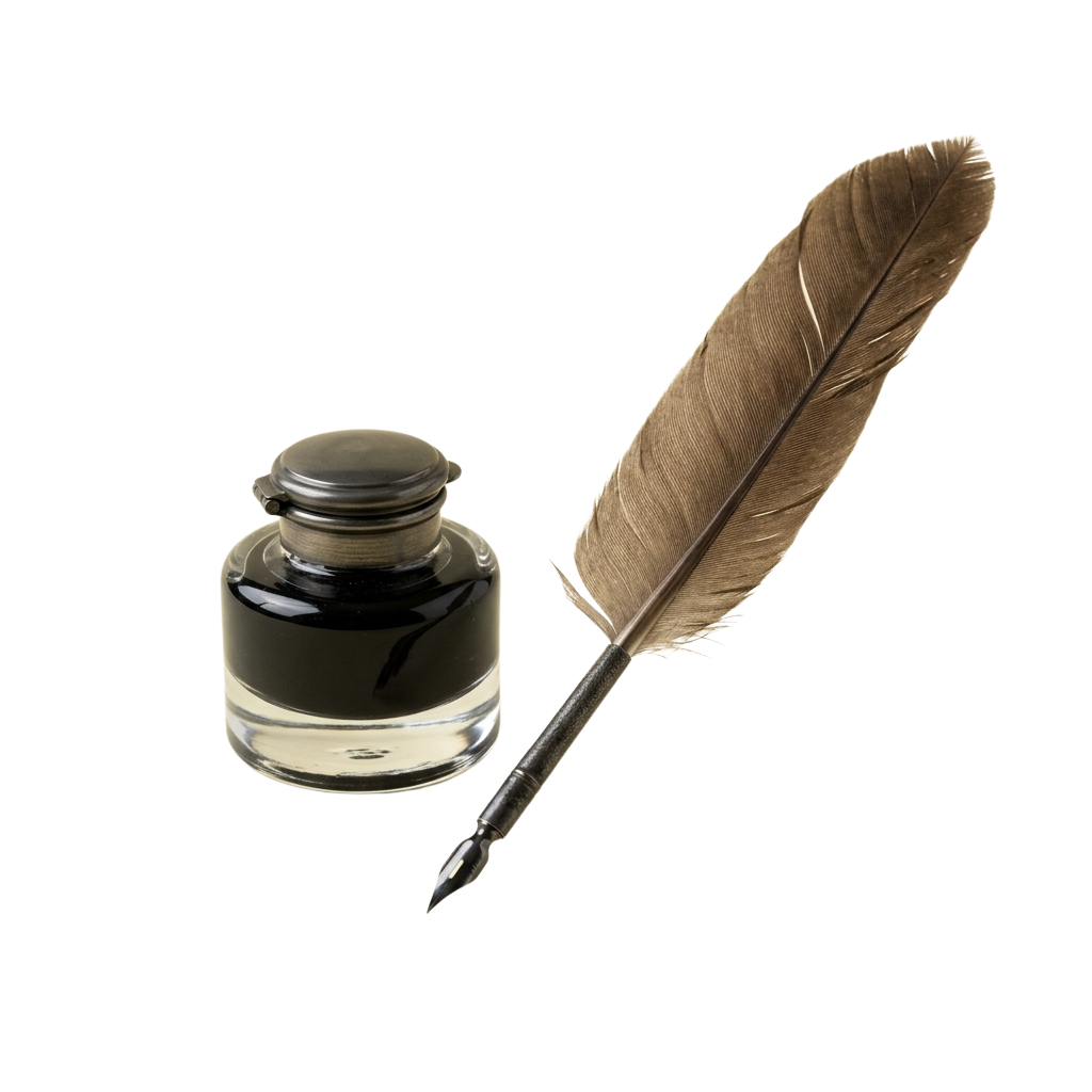A classic inkwell with black ink and a feather quill pen on a dark background