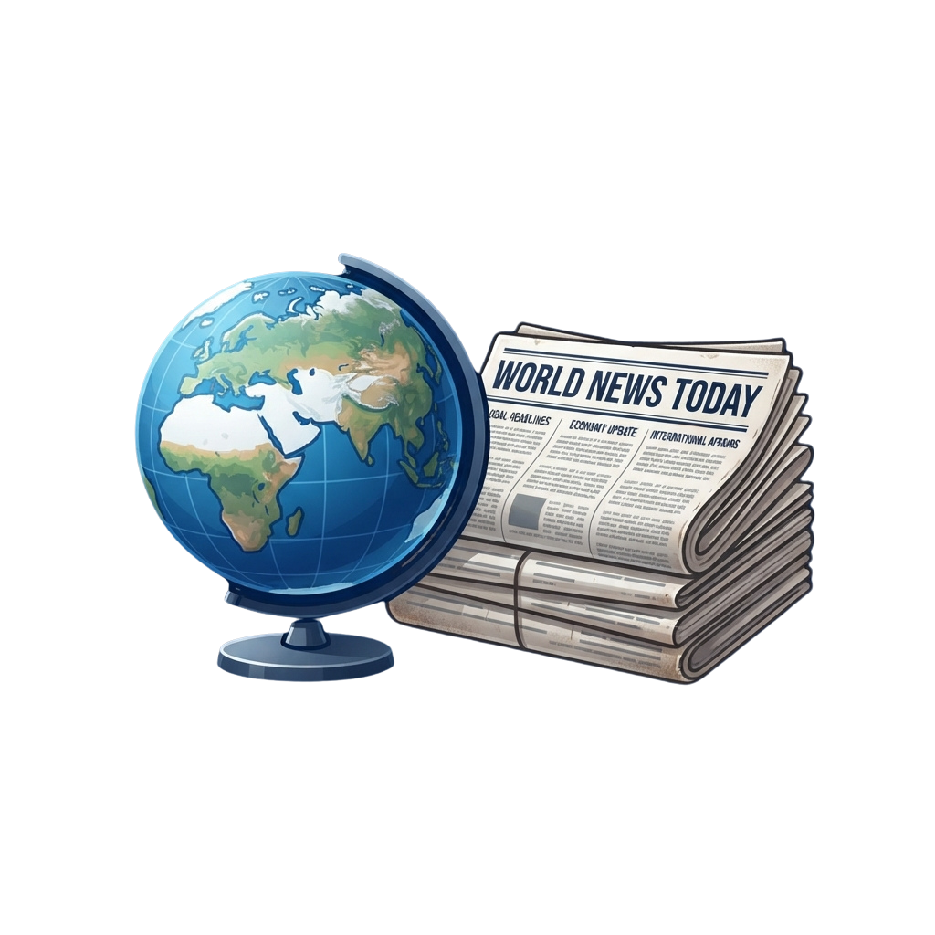 Illustration of a blue globe next to a stack of newspapers with the heading World News Today