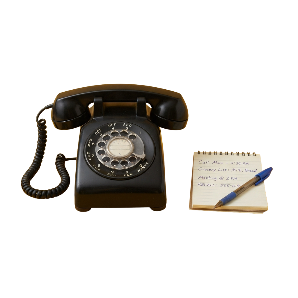A classic rotary phone next to a notepad with handwritten reminders and a pen