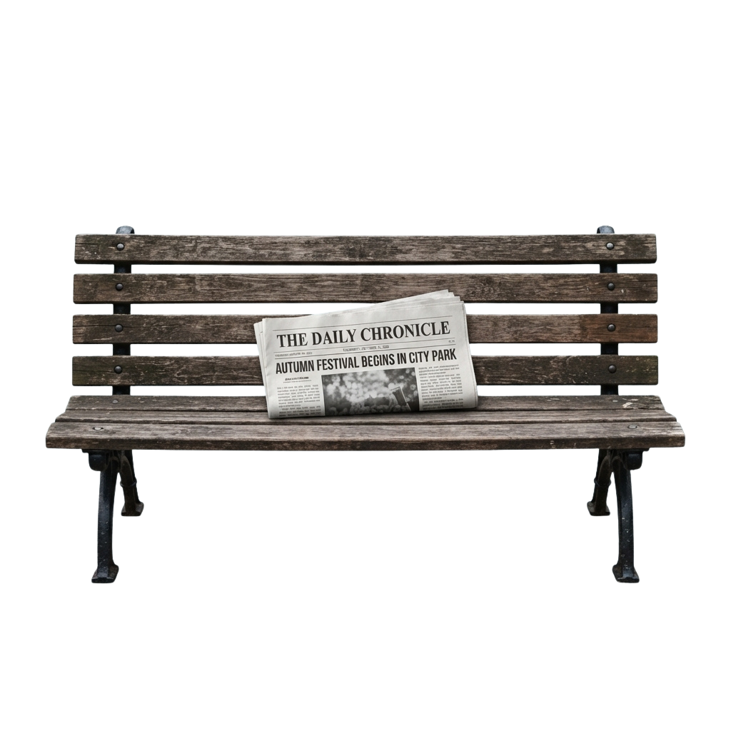 A weathered wooden bench with a folded newspaper displaying an autumn festival headline