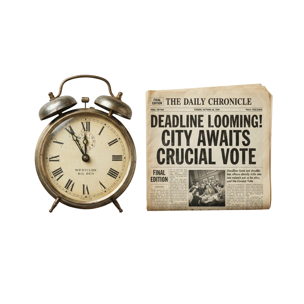 An old-fashioned alarm clock beside a newspaper headline reading Deadline Looming City Awaits Crucial Vote