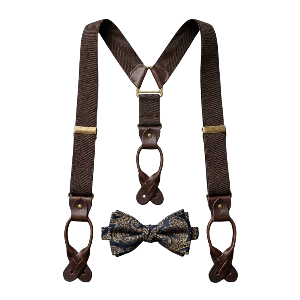 Brown leather suspenders with gold buckles and a decorative bow tie with blue and gold paisley patterns