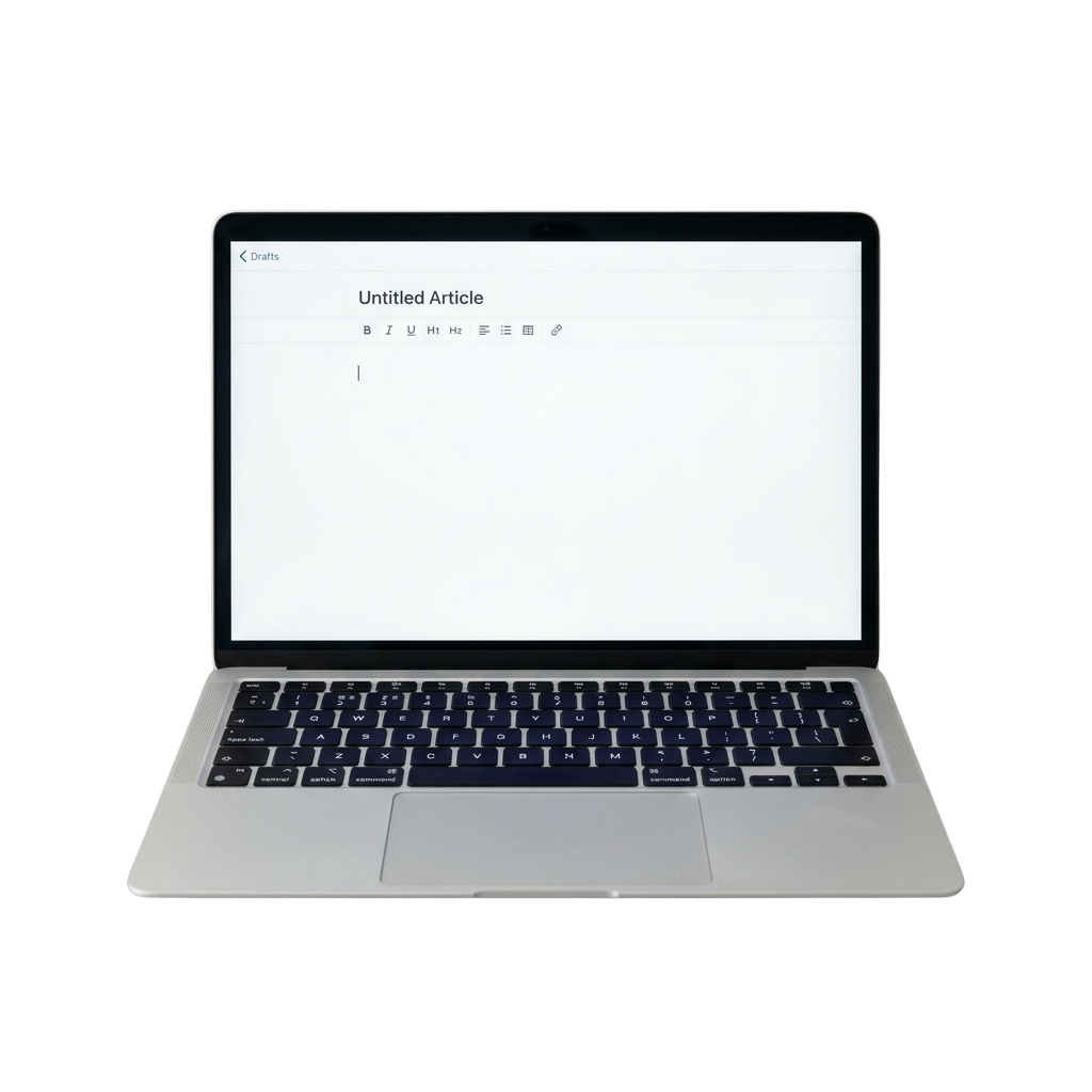 Laptop displaying an empty document titled Untitled Article with formatting toolbar visible