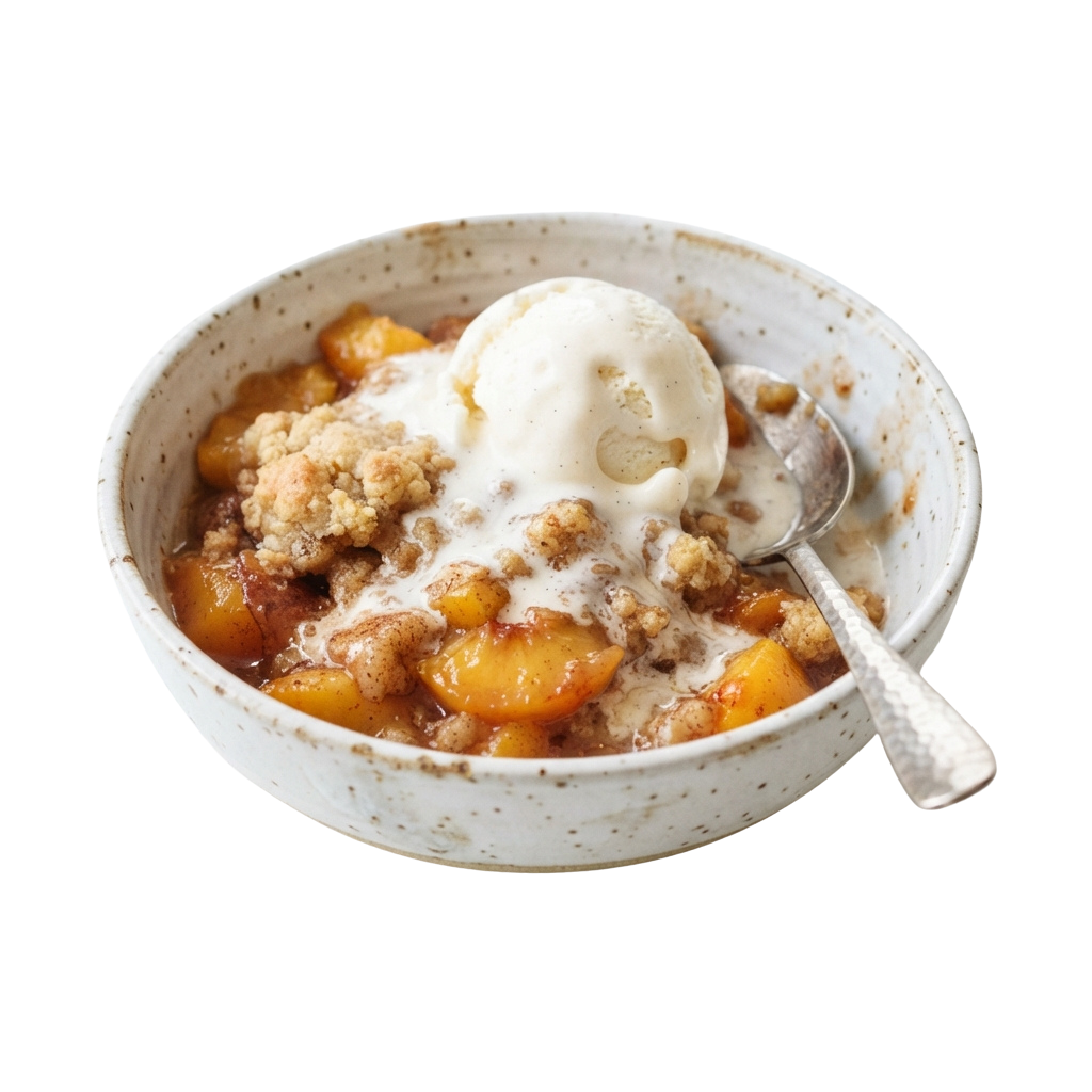 Bowl of peach crumble topped with whipped cream and a scoop of vanilla ice cream