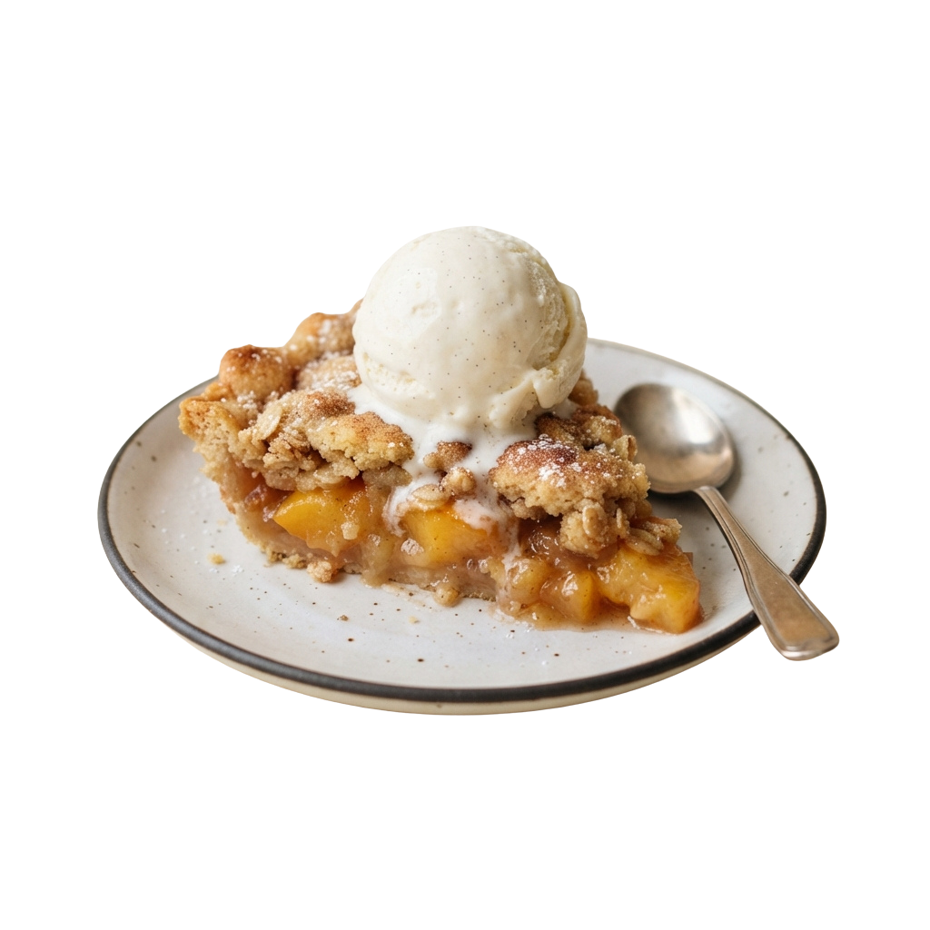 A plate of peach crumble topped with a scoop of vanilla ice cream and a spoon