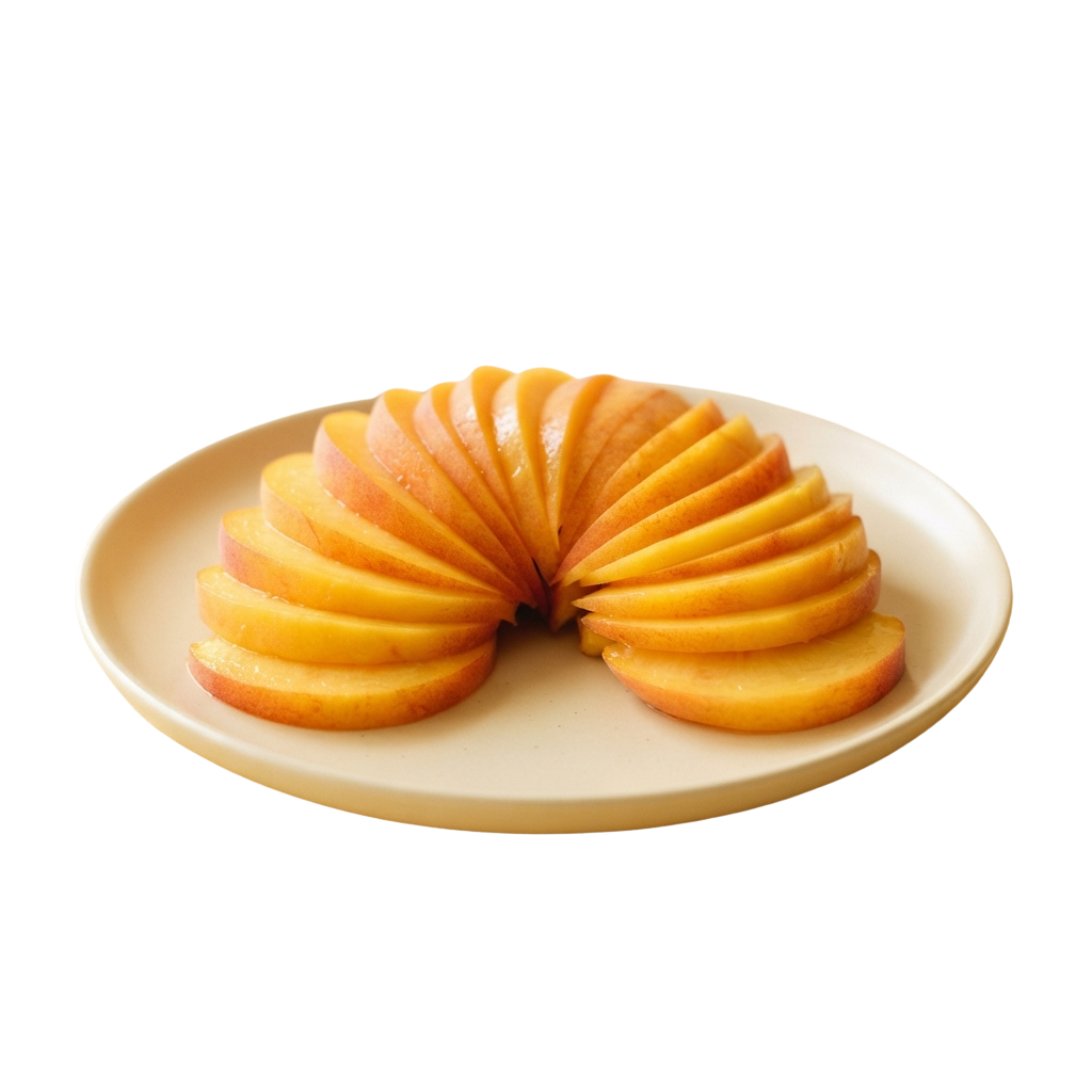 A white plate holding evenly sliced peaches arranged in a fan shape