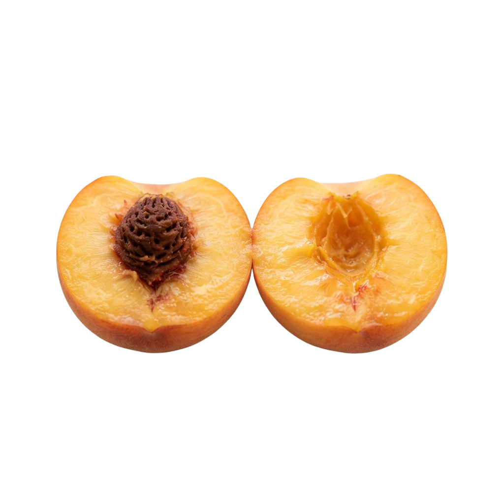 Two halves of a peach displaying the central pit and orange flesh.