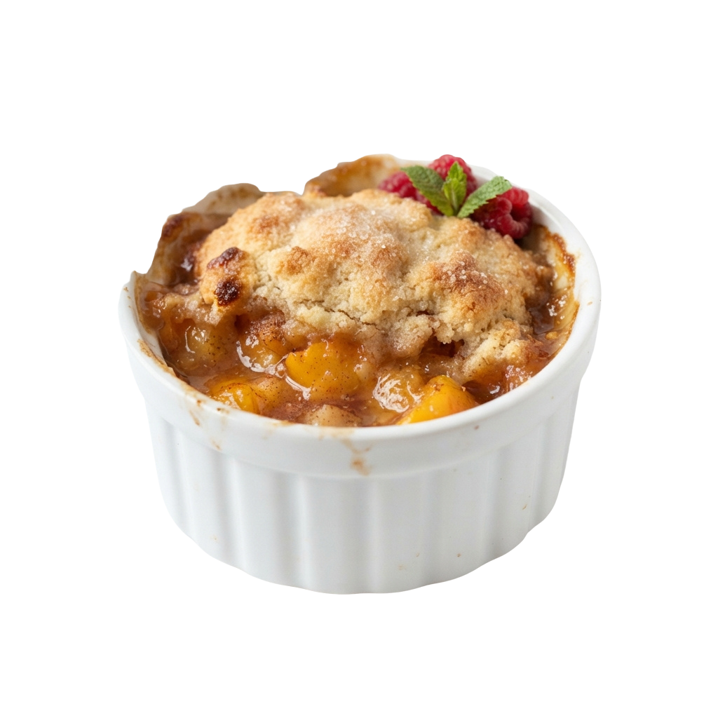 A baked peach cobbler with a crumbly topping in a white ramekin garnished with berries