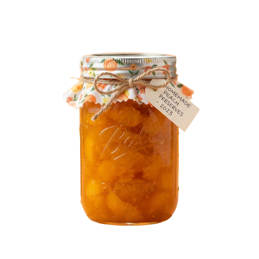 A glass jar of homemade peach preserves with a floral-patterned lid and a tag reading homemade peach preserves.