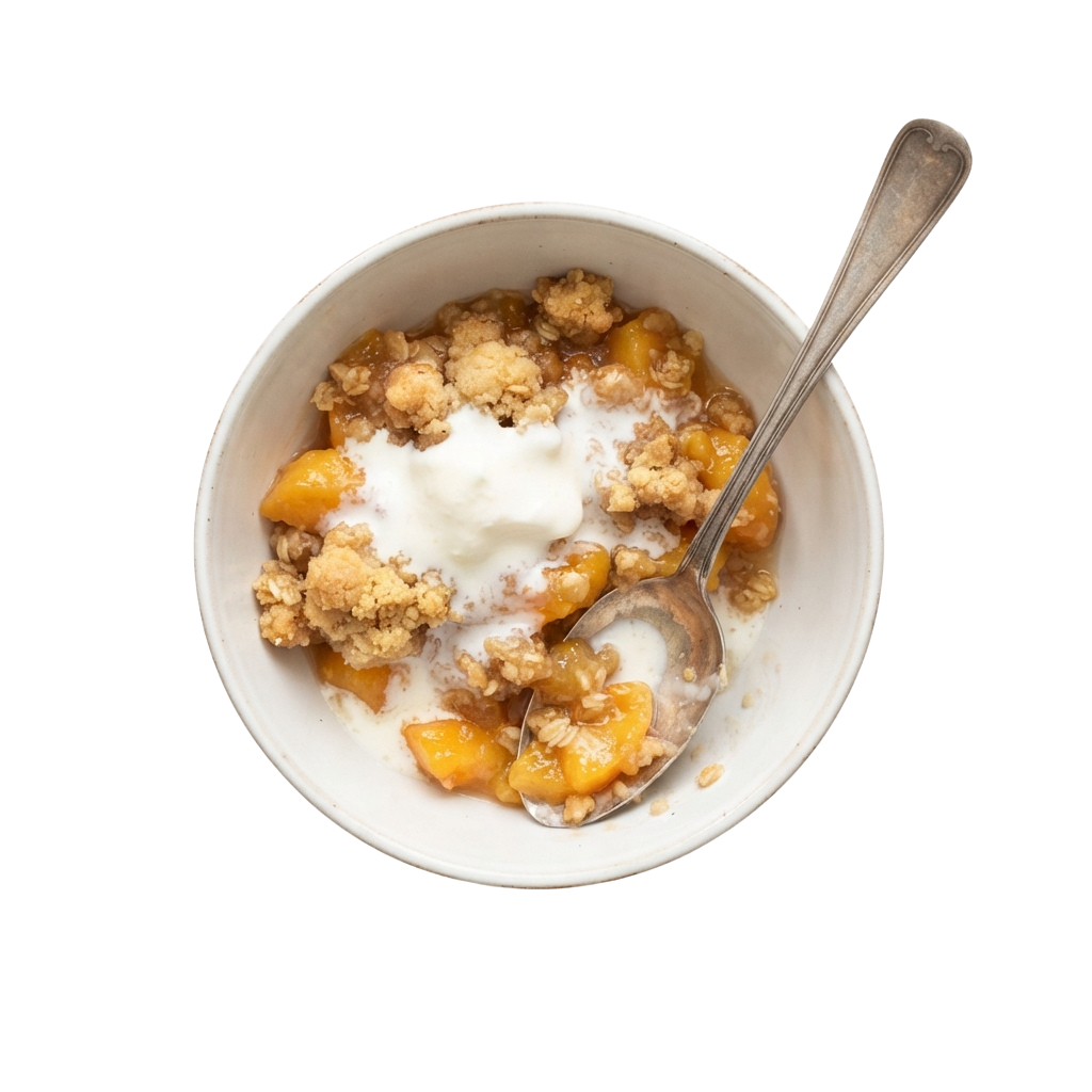 White bowl filled with yogurt, granola, and sliced peaches with a spoon resting inside