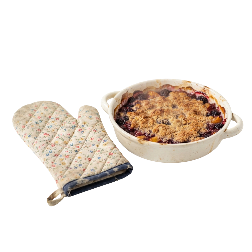 A ceramic dish filled with blueberry crumble topped with a crumbly crust next to a floral-patterned oven mitt.