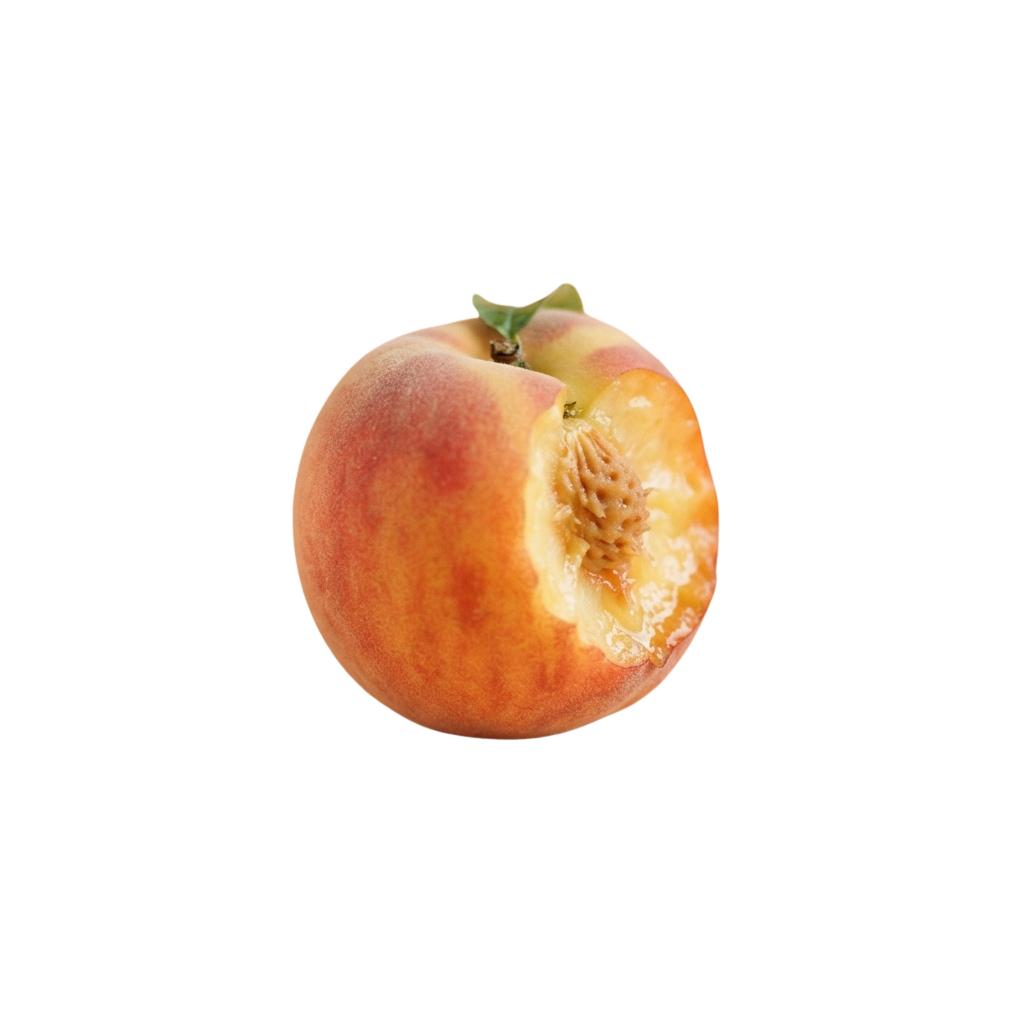 A close-up of a ripe peach with a bite taken out revealing its pit and juicy flesh