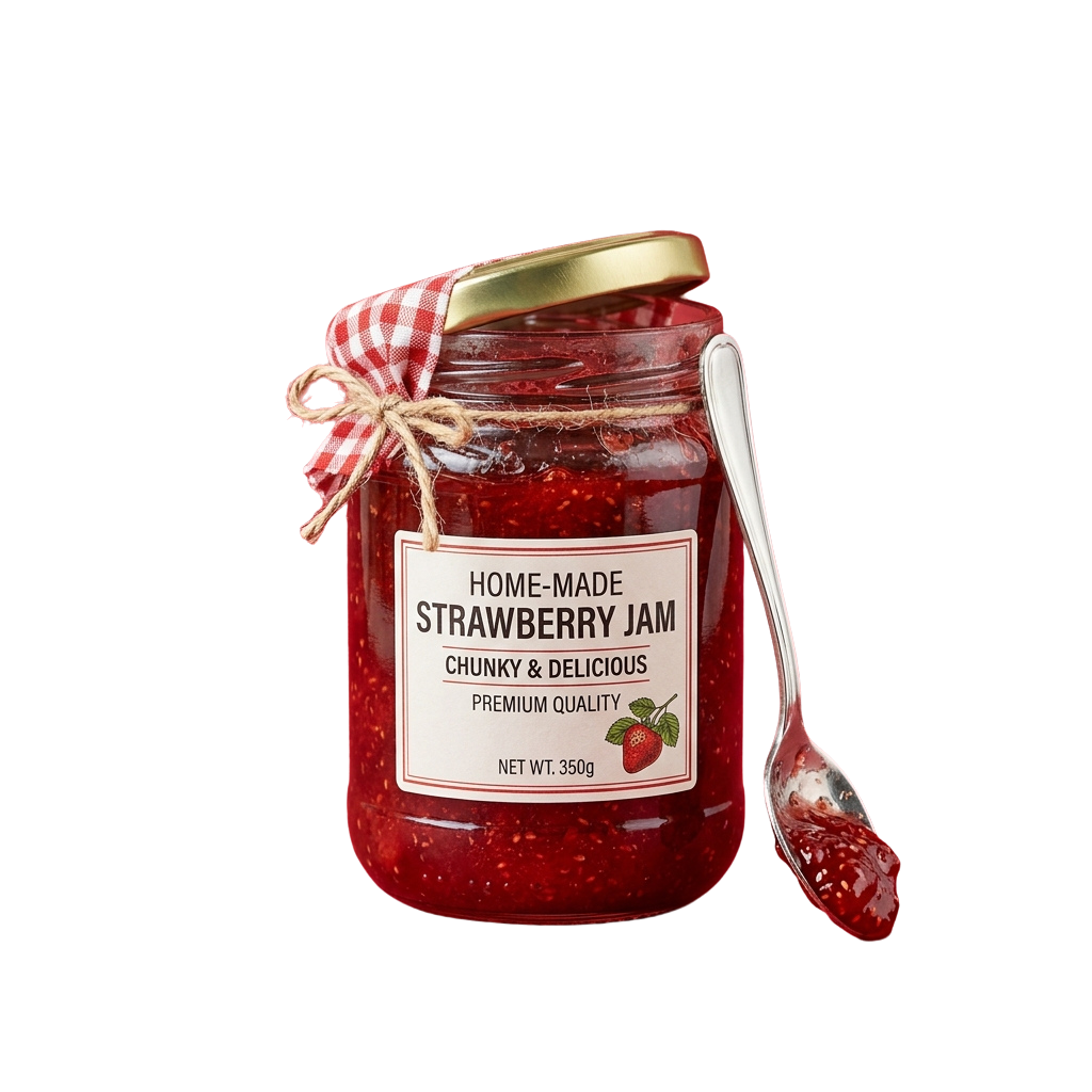 A jar of chunky strawberry jam with a red and white checkered ribbon, gold lid, and a spoon filled with jam.