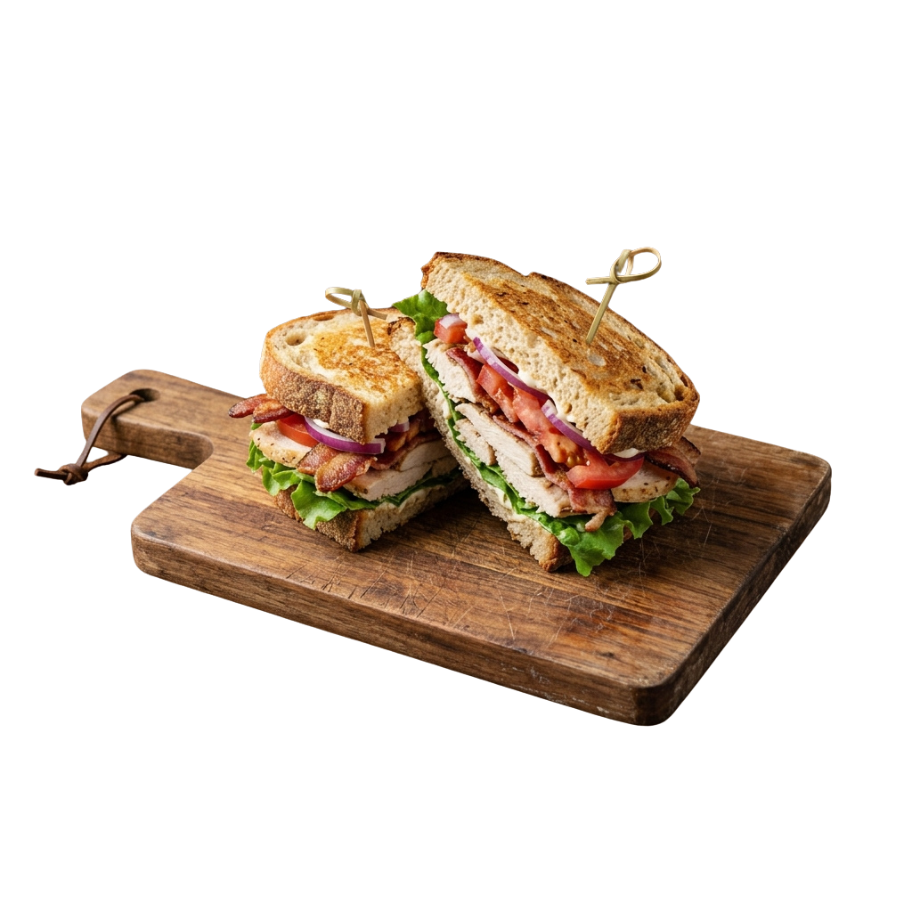 A cut-in-half chicken bacon sandwich with lettuce, tomato, and red onion on toasted bread, served on a wooden board