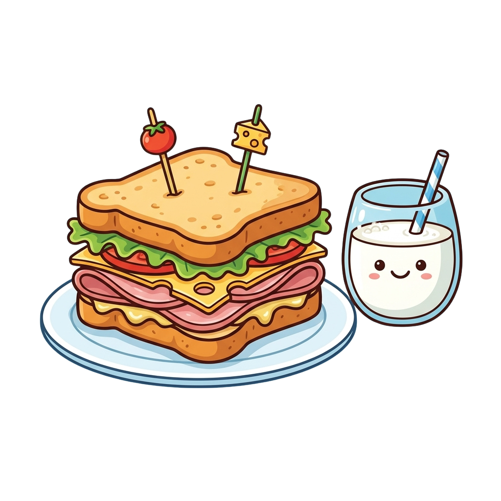 A cartoon sandwich with ham, cheese, and tomato on toasted bread next to a smiling glass of milk with a straw