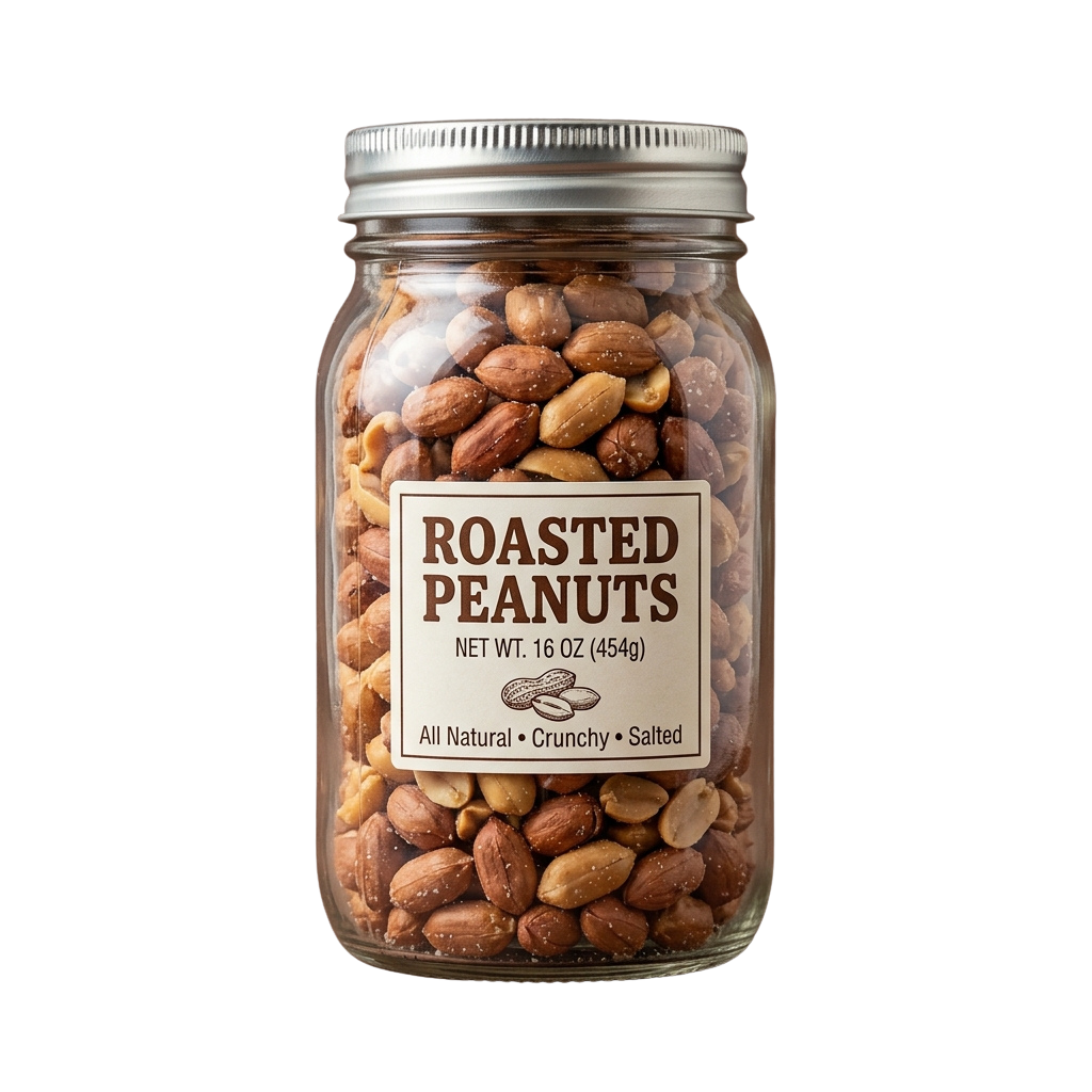 Glass jar filled with roasted, salted peanuts labeled all natural crunchy snack, 16 oz net weight