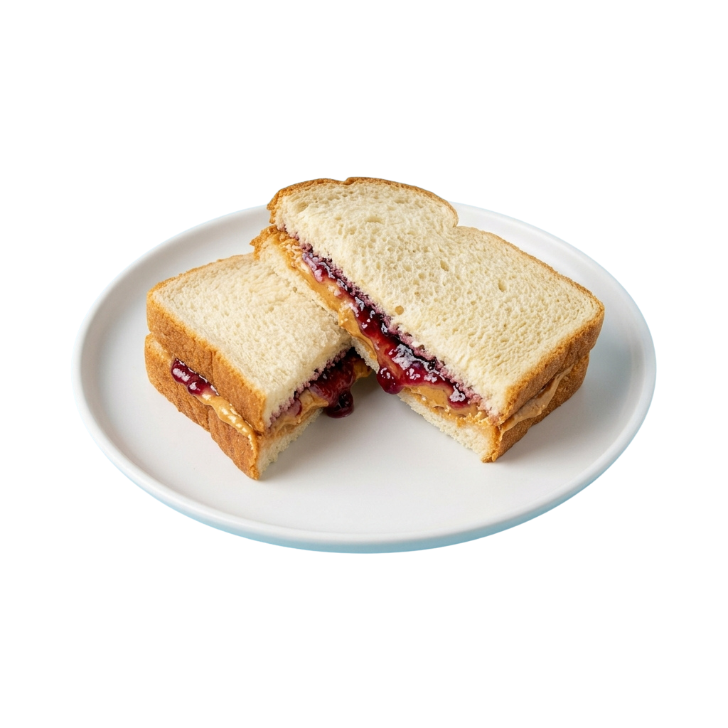A peanut butter and jam sandwich cut in half on a white plate