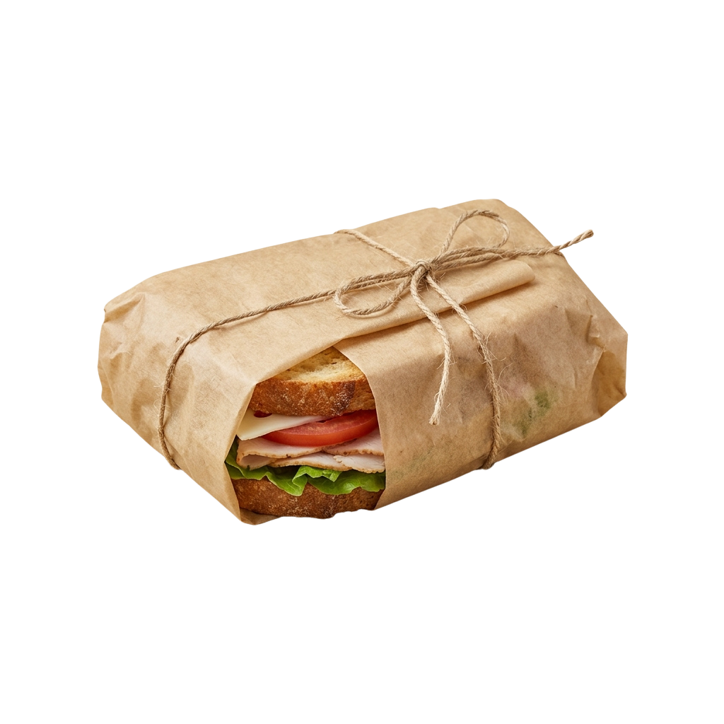 A sandwich with bread, lettuce, tomato, and meat wrapped in brown parchment paper tied with twine.