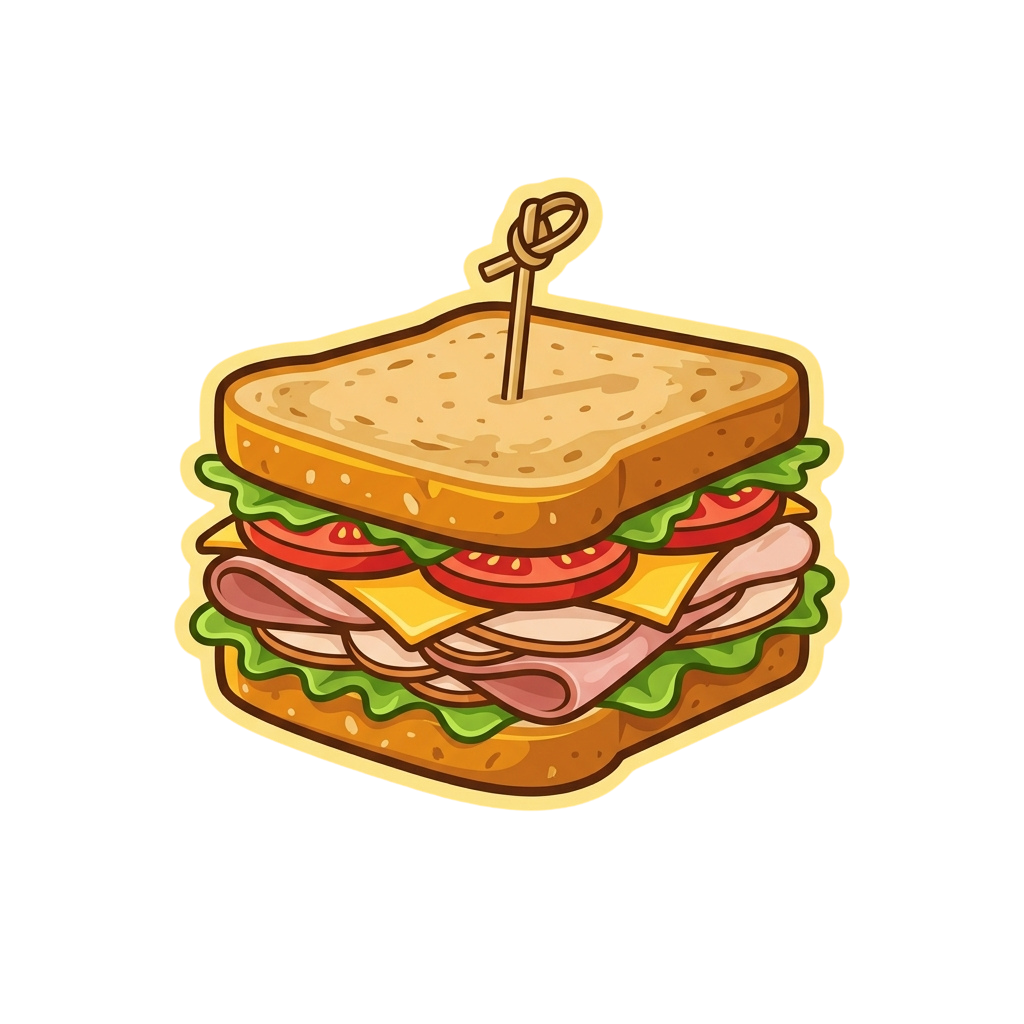 A cartoon-style sandwich with bread, lettuce, tomato, cheese, and ham topped with a toothpick flag labeled KB