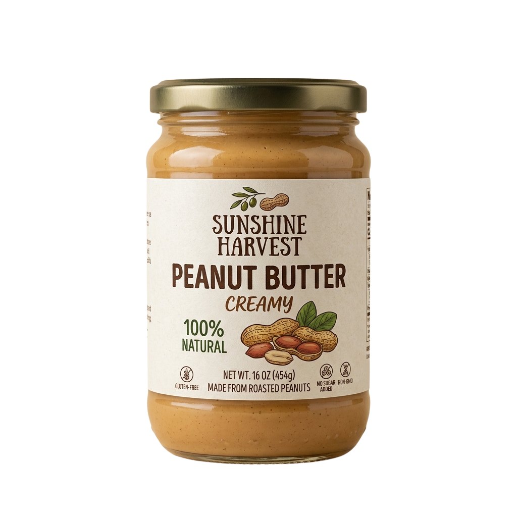 A jar of creamy natural peanut butter labeled 100 percent natural and gluten-free with roasted peanuts on the front.