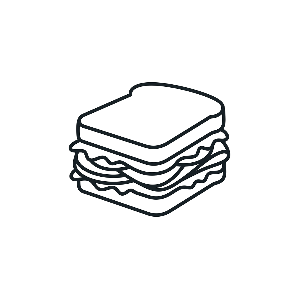 A simple line drawing of a stacked grilled cheese sandwich with melted cheese layers visible.