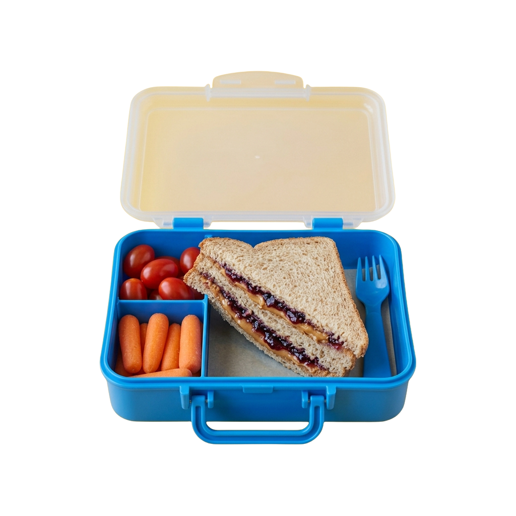 Blue lunchbox containing a peanut butter sandwich, baby carrots, and cherry tomatoes with a plastic fork