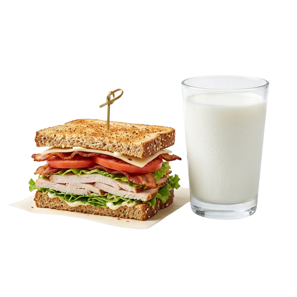 A club sandwich with turkey, bacon, lettuce, and tomato on toasted bread next to a glass of milk