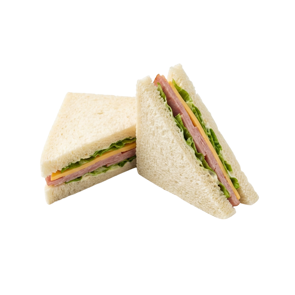 A cut-in-half ham and cheese sandwich with lettuce and cheese slices on white bread