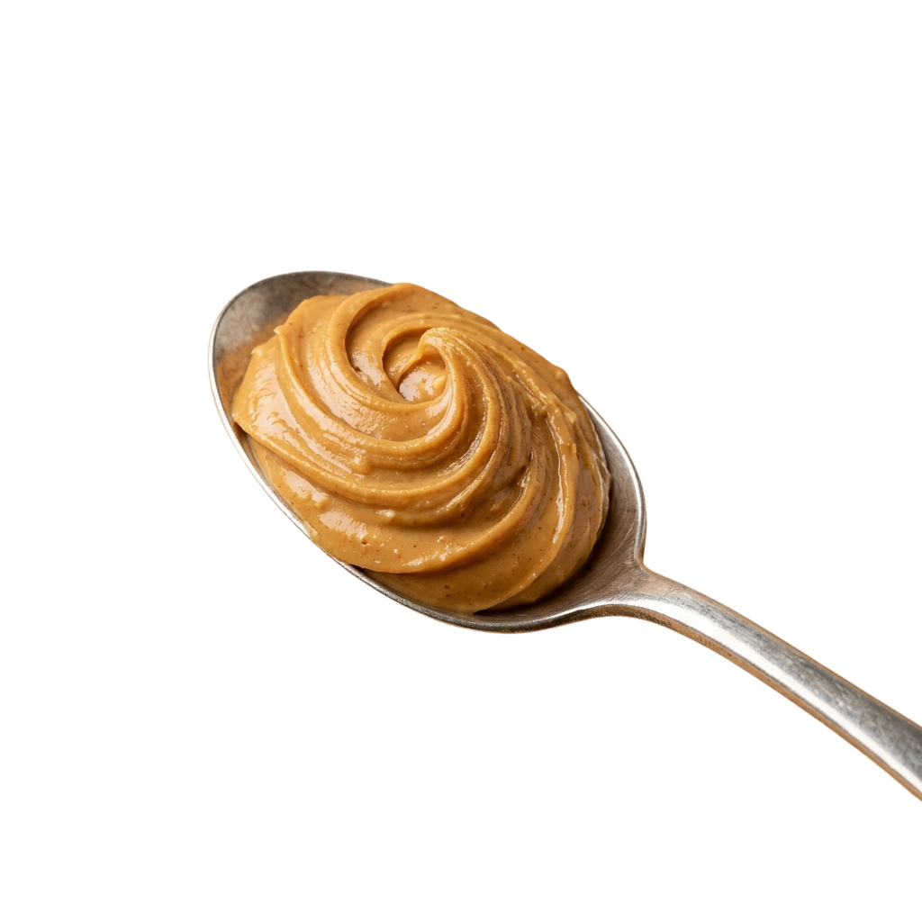 A spoonful of smooth peanut butter with a swirled pattern on top