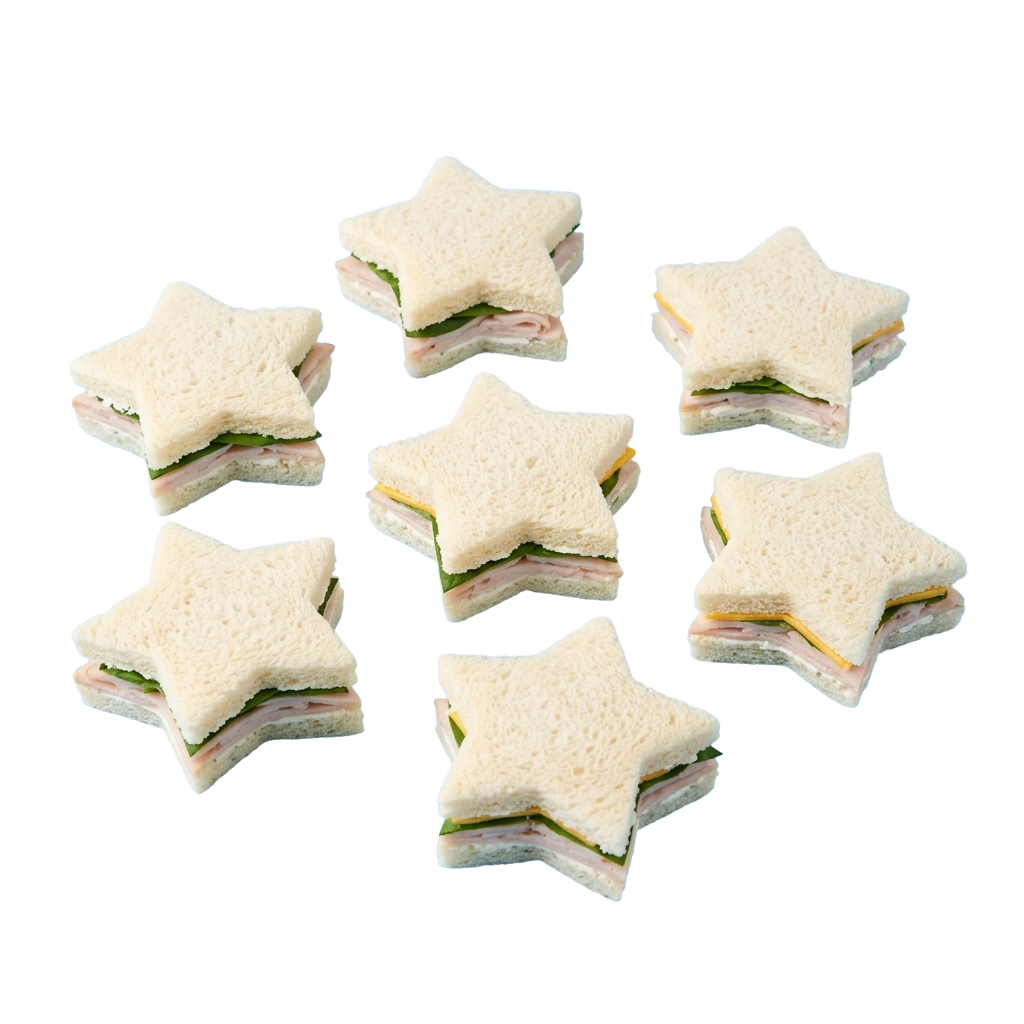 Nine star-shaped sandwiches with fillings arranged on a black background