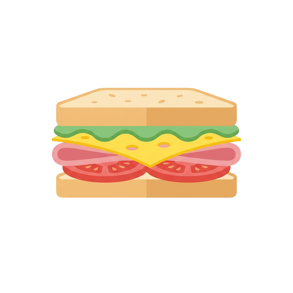 Illustration of a sandwich with bread, cheese, tomato, and lettuce layers