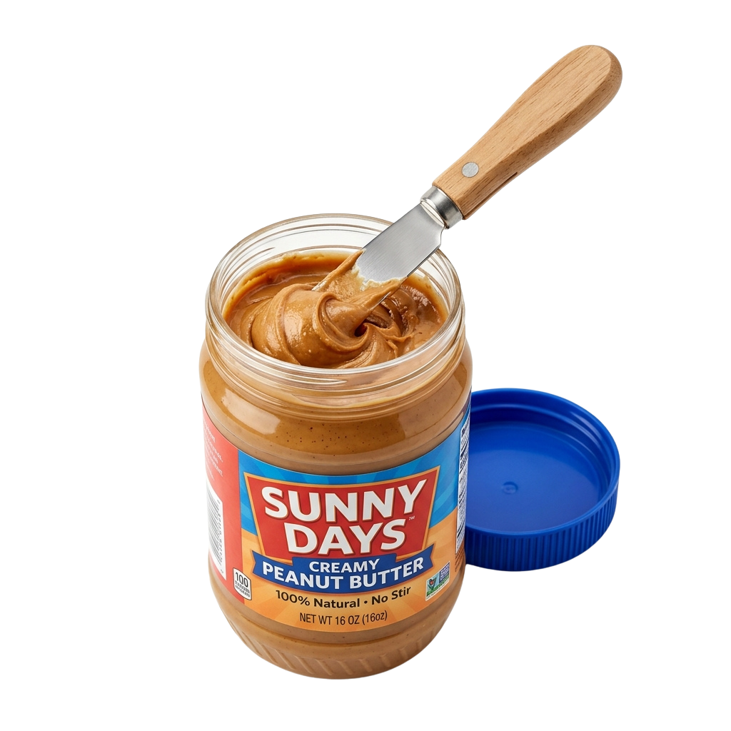 Jar of creamy peanut butter with a wooden spoon inside, lid removed and placed beside it
