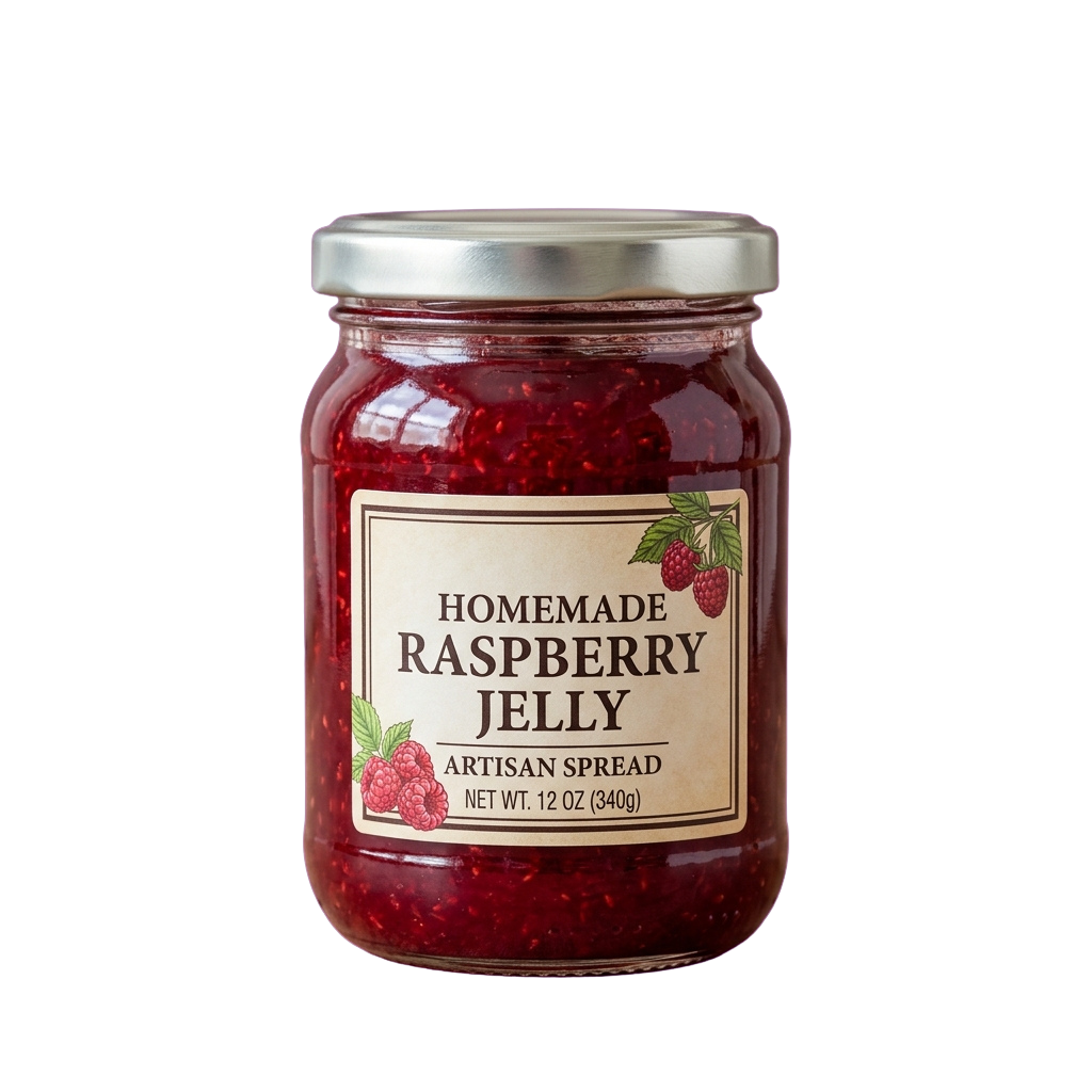 Glass jar of homemade raspberry jelly with a metal lid and label showing raspberries and text.