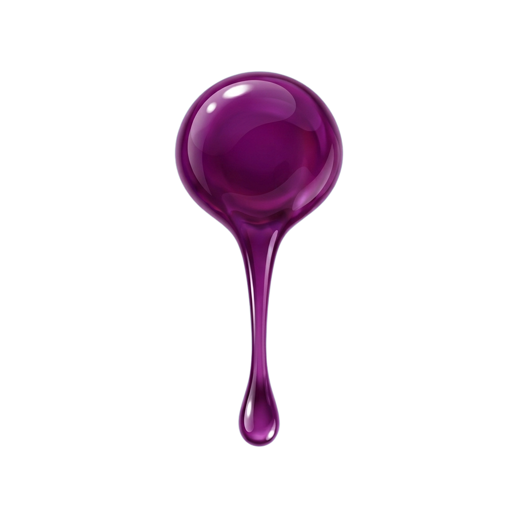 A glossy, teardrop-shaped purple liquid droplet hanging against a black background