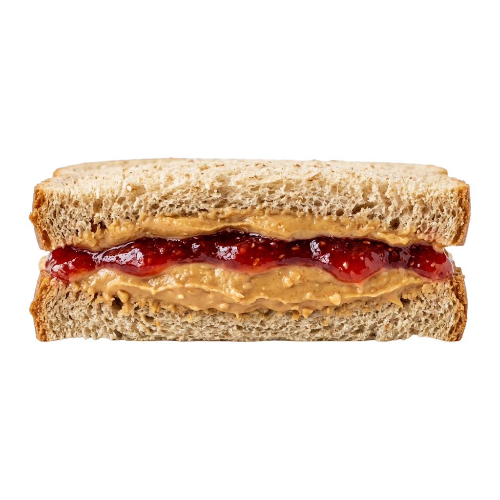 A sandwich made with peanut butter and jelly on whole grain bread slices