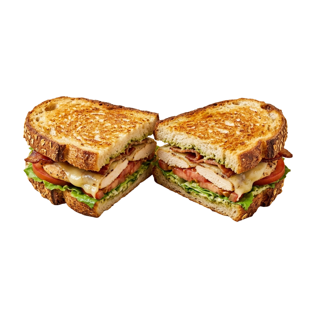 Two halves of a grilled chicken club sandwich with toasted bread, lettuce, tomato, cheese, and bacon