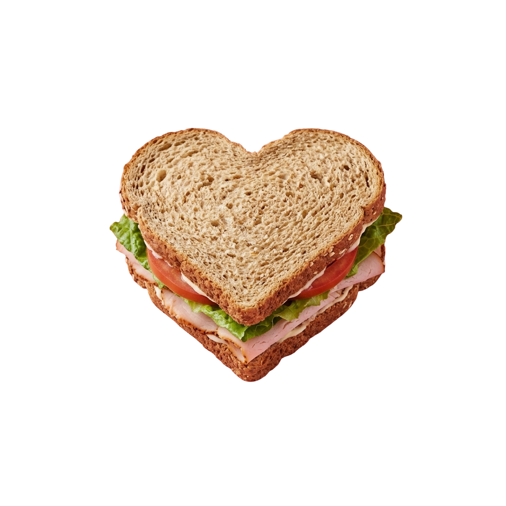 A heart-shaped sandwich made with whole grain bread, ham, lettuce, and tomato slices