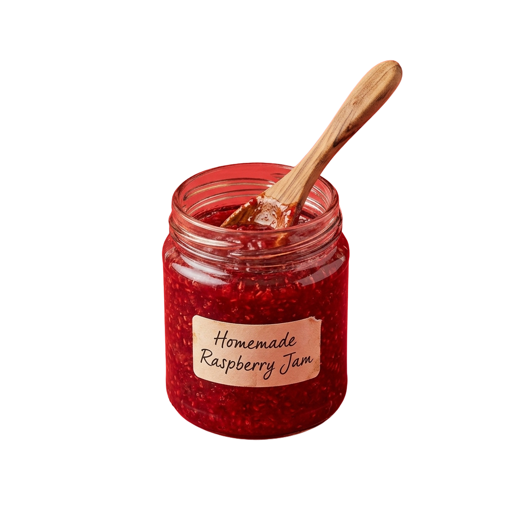 A glass jar filled with homemade raspberry jam and a wooden spoon resting inside it