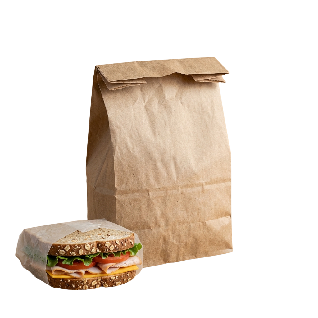 A brown paper lunch bag and a wrapped sandwich with bread, cheese, tomato, and lettuce