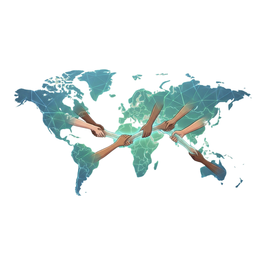 Illustration of hands from different skin tones joining together over a world map