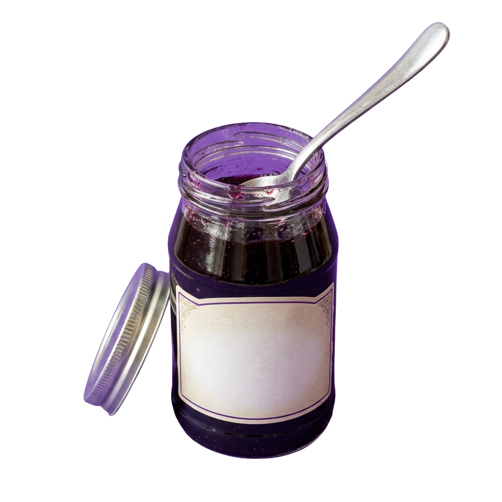 A small purple glass jar with a metal lid and spoon inside, containing dark liquid or paste.