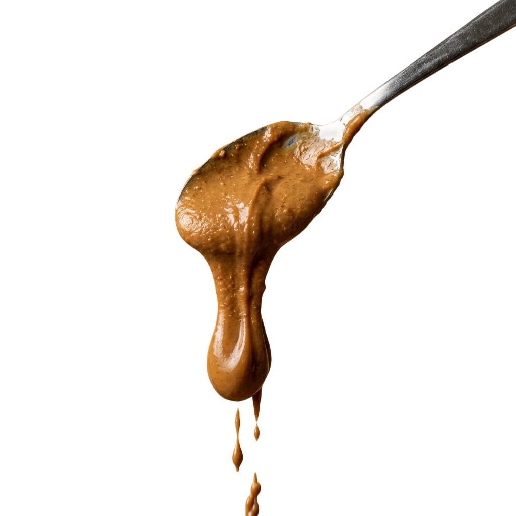 A spoon with thick chocolate sauce dripping down against a dark background