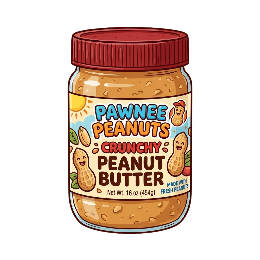 Illustration of a jar of crunchy peanut butter with cartoon peanut characters on the label
