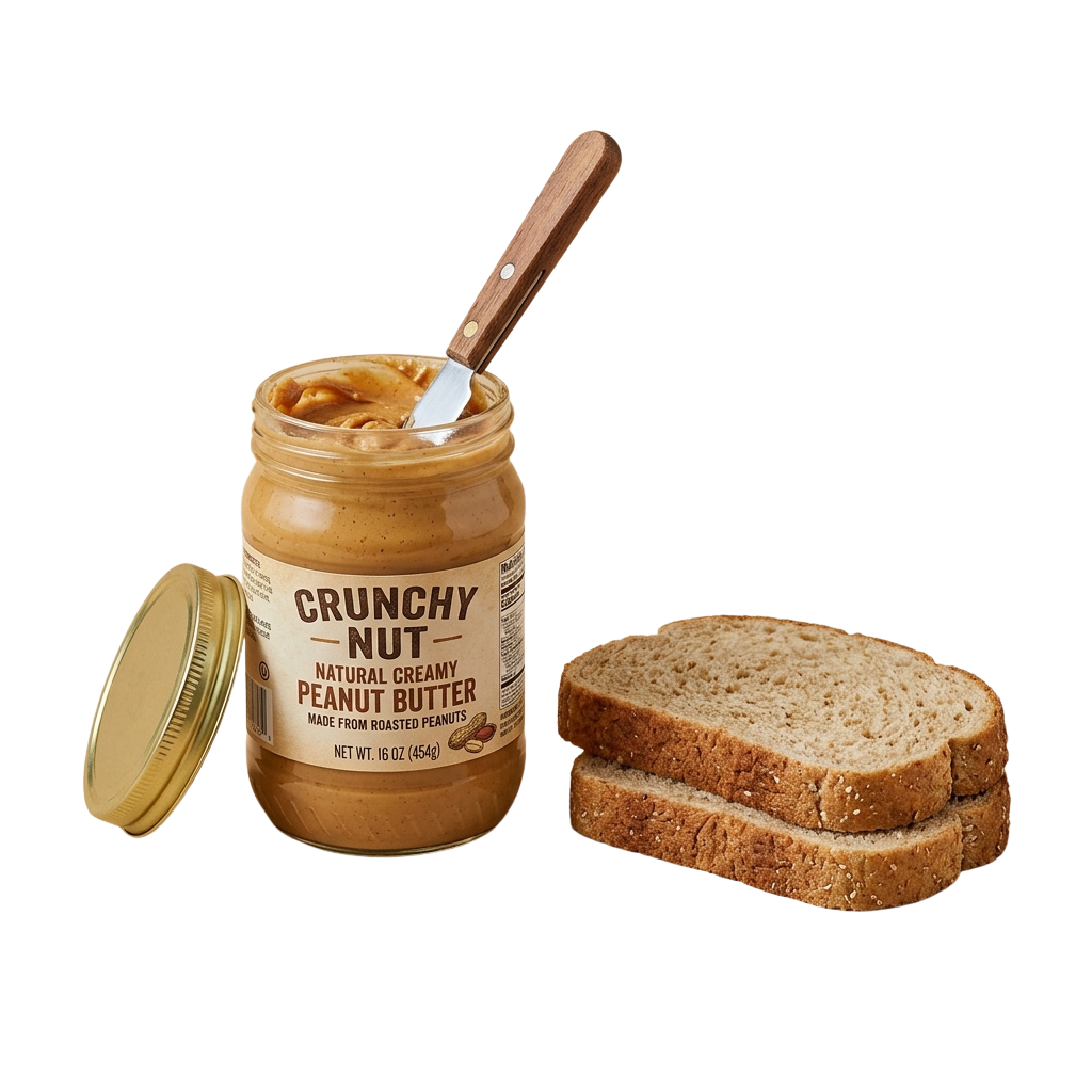Jar of crunchy peanut butter with a wooden knife inside, next to two slices of toast